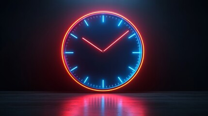 Time is ticking: A neon clock glows with a striking blue and red hue, its reflective surface adding a touch of modern artistry to this bold and minimalist design.
