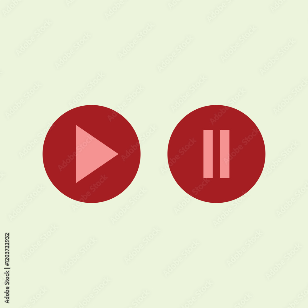 Poster play and pause buttons illustration in flat style. red and white. media player resources graphic ele