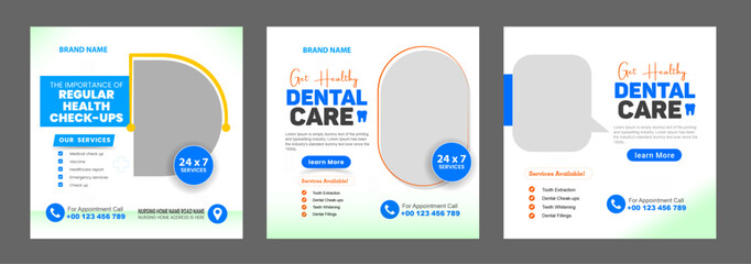 Dentist marketing social media post template square banners or healthcare medical service promotion flyer
