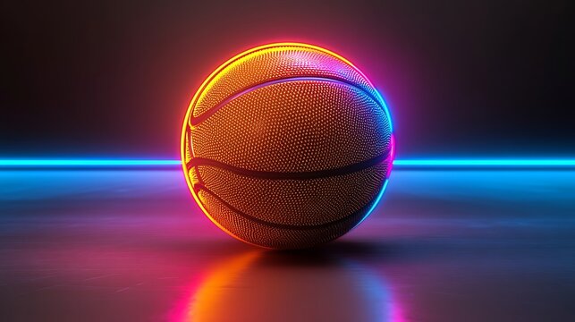 Neon Glow Basketball: A classic basketball illuminated by vibrant neon lights, creating a dynamic and energetic visual. The ball rests on a reflective surface.