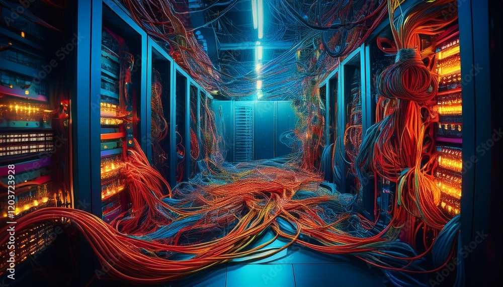 Wall mural tangled cables in server room depicting tech chaos and it issues