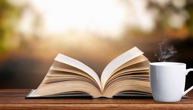 coffee mug and open book on wooden table with copy space