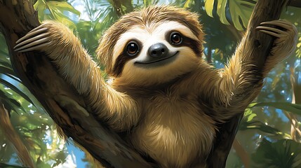Fototapeta premium Smiling Sloth in Rainforest: An adorable sloth with a heartwarming smile clings to a tree branch in a vibrant rainforest setting, its fluffy fur catching the dappled sunlight. 