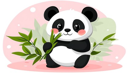 Obraz premium Adorable Panda Cub with Bamboo: A charming illustration of a cute panda cub happily munching on a stalk of bamboo, set against a soft pink and green backdrop.