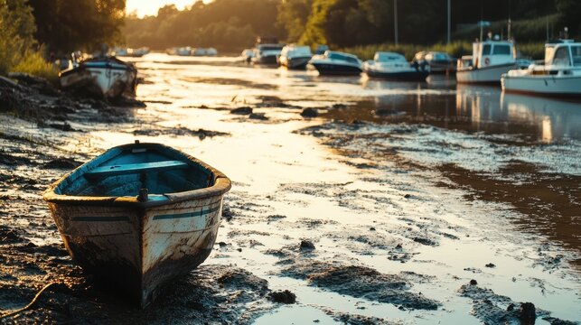Low Tide Sunset Small Boat Grounded on Mudflats with Marina View.