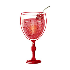 Dark red festive cocktail with cherries. Drinks for weddings, holiday parties, Christmas. Hand-drawn vector illustration. Isolated.
