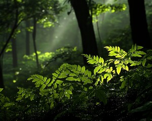 Fototapeta premium Sunbeams illuminate lush green ferns in a misty forest.