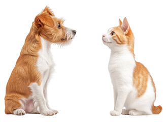 Cute dog and cat looking at each other playfully.