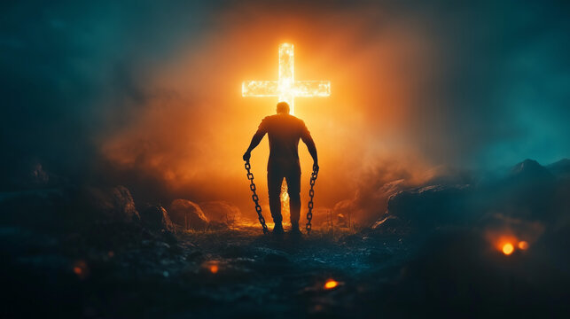 A man breaking free from chains and walking towards an illuminated cross, symbolizing freedom and hope. Cinematic blue tones with dramatic lighting highlight the powerful concept of redemption, transf