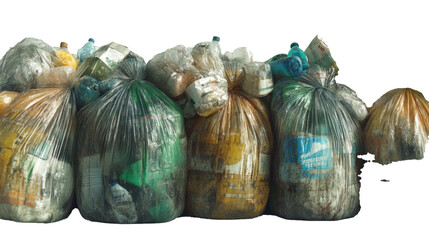 Transparent Garbage Bags Filled with Waste, Isolated on White Background for Environmental Projects