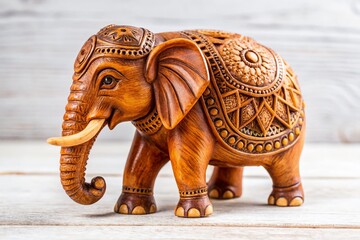 Fototapeta premium Hand-Carved Wooden Elephant Figurine, White Background, Decorative Home Decor