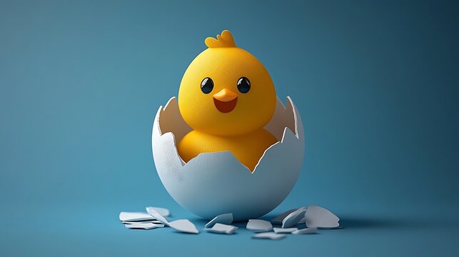 New Life, New Beginnings: A cheerful yellow chickling peeks out from a cracked blue eggshell, symbolizing the arrival of new life and fresh starts.
