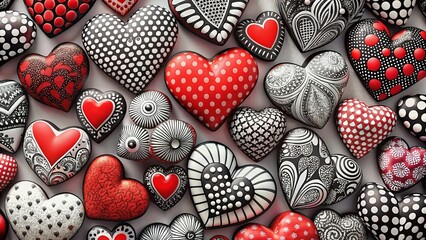 Fototapeta premium Hand-Drawn Hearts Cluster: Black, White, and Red Romantic Design Element