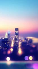 Blurred Abstract Background With Glowing Bokeh Lights In Warm Tones Subtly Contrasted With Cool Shadows Of A Cityscape Faint Outlines Of Buildings.