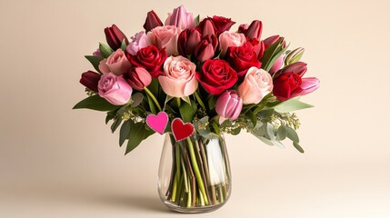 Obraz premium A Valentine's Day bouquet of mixed flowers, featuring red and pink roses, tulips, and heart-shaped leaves in a clear vase
