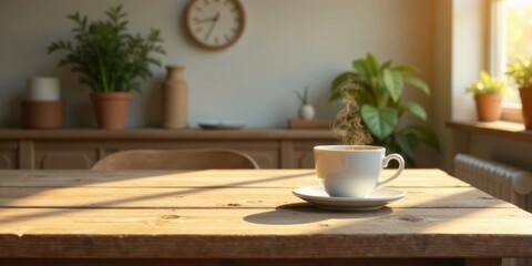 Aromatic steam rises from a warm beverage in a white cup, resting on a rustic wooden table bathed in sunlight, surrounded by indoor plants