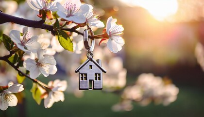 a key ring with a house shape hangs on a blooming branch embodying home dreams keychain suggests new beginnings amidst spring blossoms real estate moving home or renting property concept