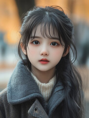 Obraz premium Elegant Winter Portrait Of A Young Woman In A Grey Coat And Sweater