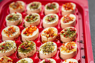 cheese appetizer soft cheese with herbs and tomatoes pieces fresh tasty food dish delicious gourmet food background on the table rustic food top view copy space