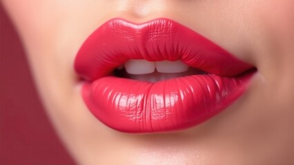 Obraz premium Close-up of glossy pink lips showing white teeth, expressing sensuality and beauty