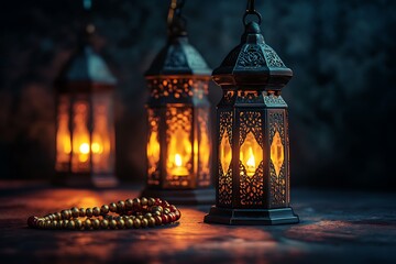 A Close-up of Traditional Muslim Lamps with a Tasbih Prayer Bead Necklace.