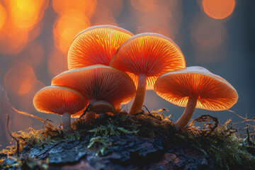 Three mushrooms on a moss covered log in a forest setting natures beauty fungi growing on wood tranquil woodland scene with greenery and earthy tones outdoor exploration
