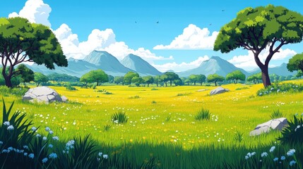 Naklejka premium Lush green meadow with mountains under blue sky digital art, Generated AI