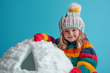Playful child in colorful winter attire joyfully builds an igloo with snow background with empty space for text