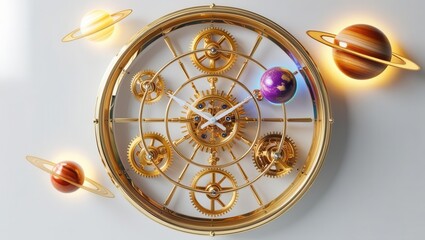 Celestial clock mechanism displaying planets indoor art installation modern decor aesthetic view