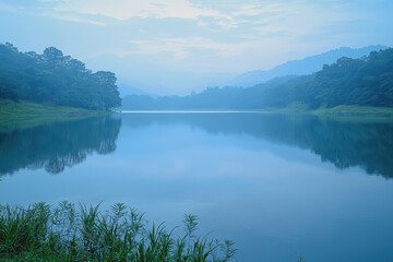 Fototapeta premium Tranquil body of water surrounded by lush greenery reflecting the blue sky creating a picturesque natural landscape under bright sunlight for relaxation and peaceful ambiance