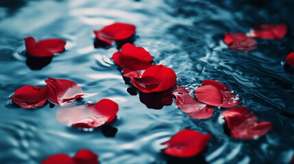 Red rose petals floating on rippling blue water surface