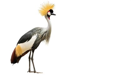 African grey crowned or great golden crested crane - Balearica regulorum - is found in nearly all of Africa, and it is the national bird of Uganda. Isolated on white background with copy space © Chase D’Animulls