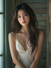 Fototapeta premium Elegant Woman in Soft Light Wearing Lace Dress