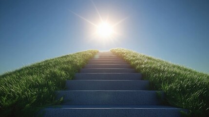 Sunny stone staircase leading upwards through green grass on a clear day