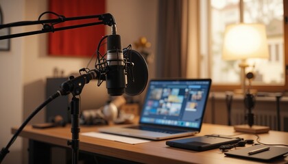 Home studio podcast interior. Microphone, laptop and on air lamp on the table, close-up
