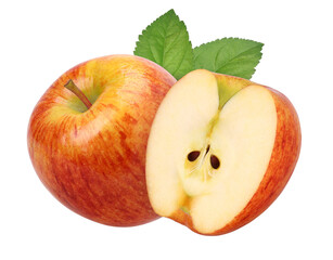 Close-up, red apple (Envy Apple) with leaves, and half isolated, transparent PNG, PNG format, cut out