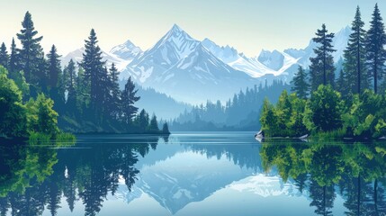 Naklejka premium Serene Lake Landscape Reflection with Mountains and Forest, Generated AI