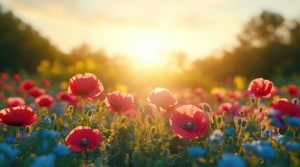 Obraz premium Bright sunlit meadow with vibrant red poppies and colorful wildflowers at sunrise. Memorial, Remembrance, Veterans, ANZAC Day - National Day of Remembrance, Military Honor Day, Armed Forces Memorial