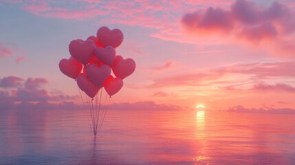 Fototapeta premium A Valentine's Day heart-shaped balloon bouquet, with balloons floating in a soft breeze against a pink sunset sky