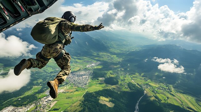 A paratrooper jumping from an aircraft over a wide green valley.