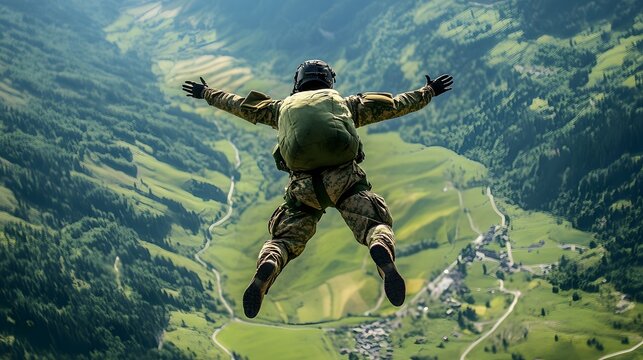 A paratrooper jumping from an aircraft over a wide green valley.