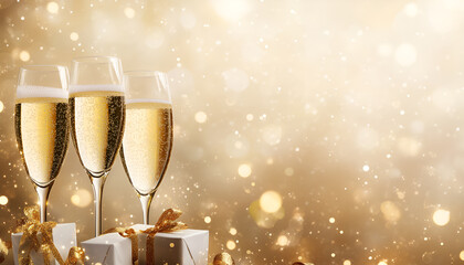Glasses of champagne with gold ribbon gifts