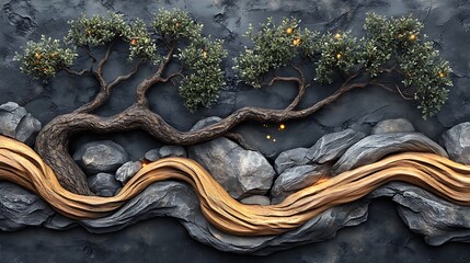 Serene Sculpture: A mesmerizing 3D rendering of a twisted tree sculpture with golden branches emerging from a rock formation, evocative of nature's resilience and intricate beauty. 