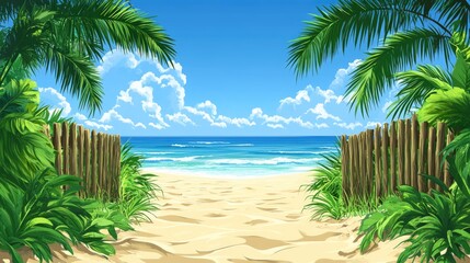 Obraz premium Tropical beach entrance with palm trees and blue ocean under clear sky