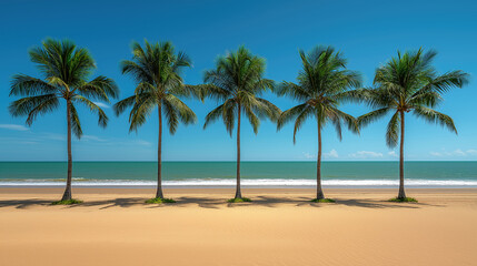 Tropical beach with five palm trees and clear blue sky