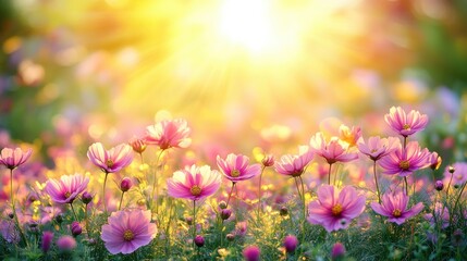 Fototapeta premium Sunlit meadow of pink cosmos flowers at golden sunrise. March 8, International Women's Day. Mother's Day