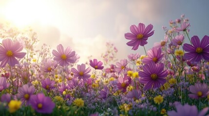 Fototapeta premium Vibrant wildflower meadow at sunrise with pink cosmos blooms. March 8, International Women's Day. Mother's Day
