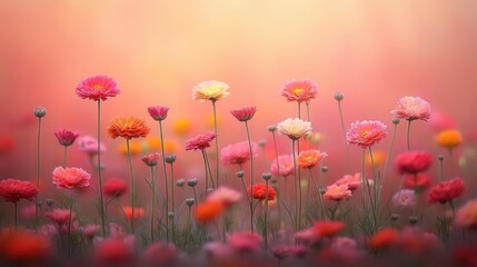 Fototapeta premium Vibrant pink and orange wildflowers blooming in a tranquil meadow at sunset. March 8, International Women's Day. Mother's Day