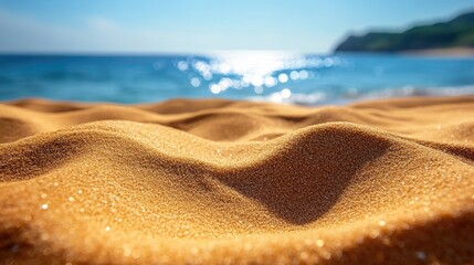 Obraz premium Golden sand dunes by the ocean with sparkling sunlight and blue sky