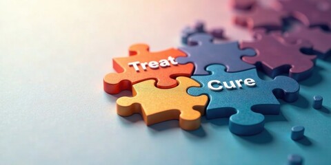 Obraz premium Colorful Puzzle Pieces Interlocking to Form the Words Treat and Cure, Representing a Holistic Approach to Wellness